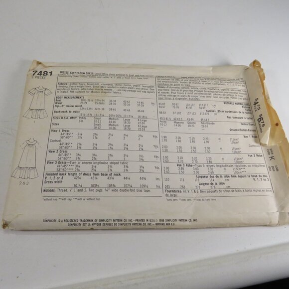 Simplicity 7481 Clothing Pattern EASY UNCUT size22-24 Dress, short sleeves shit - Picture 4 of 8